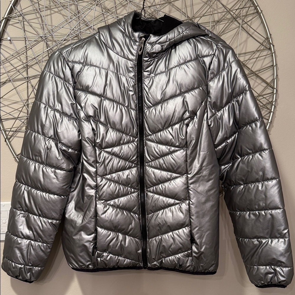 Spyder Women's Alyce Short Puffer Jacket in metallic silver size small
